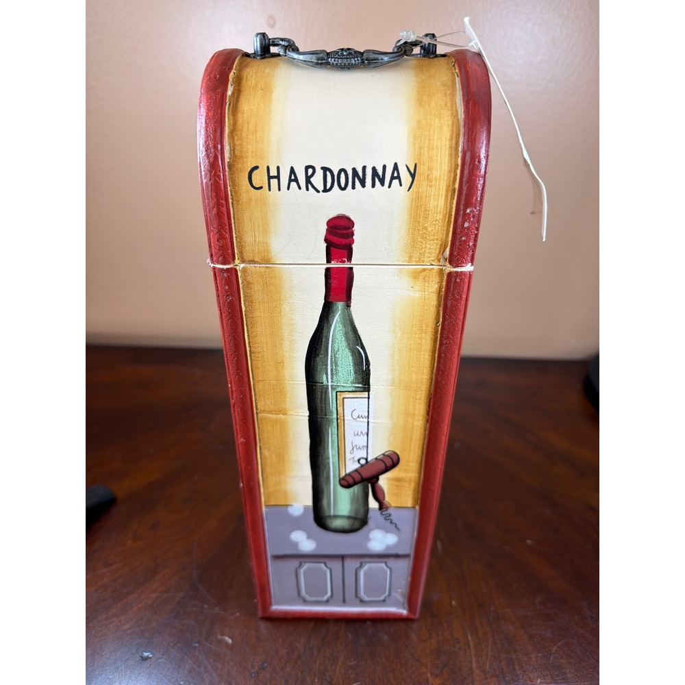 Hand Painted Wooden Wine Bottle Gift Box Chardonnay Decorative Carrier W/ Handle